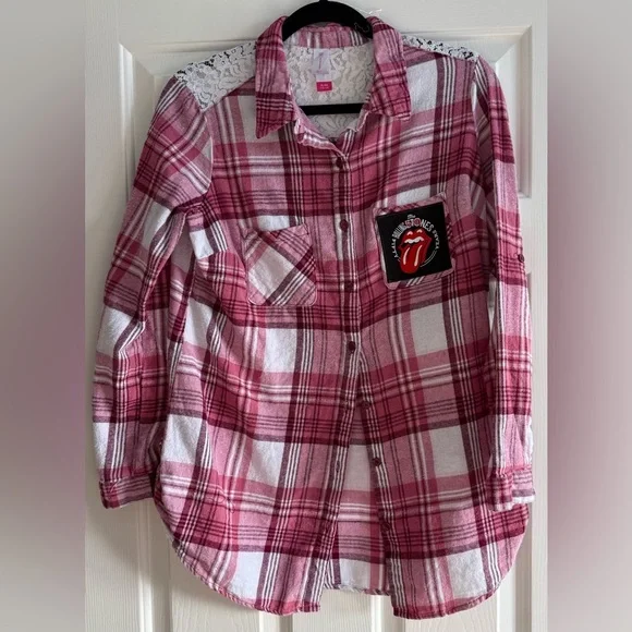 Custom Upcycled Rolling Stones Flannel Shirt With Lace Back Size XL OOAK Patch - Picture 3 of 3
